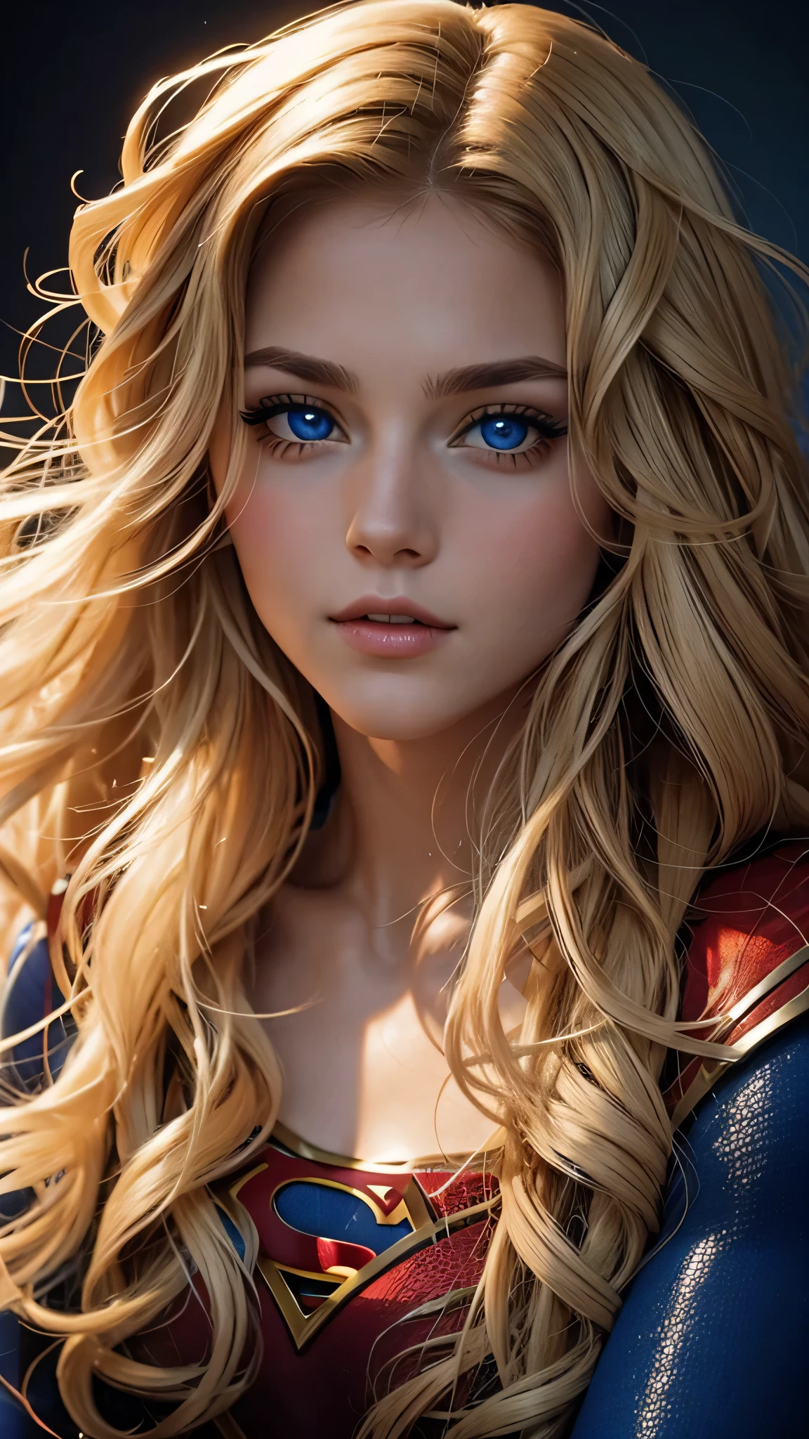 The character Supergirl, extremely beautiful face, perfect red and blue costume, traditional "S" ,, extremely beautiful blue eyes, perfect blond hair, smooth curves...