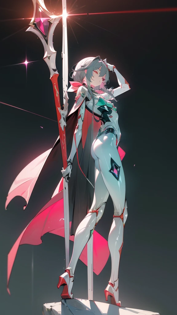 art, 8k, masterpiece, (Fu_Hua), (Herrscher_of_Sentience), grey_hair, red_eyes, (plug_suit), white_bodysuit, glowing_bodysuit, pink_accents, green_crystal_on_chest, high_heels, (mystical_armor), glowing_cape