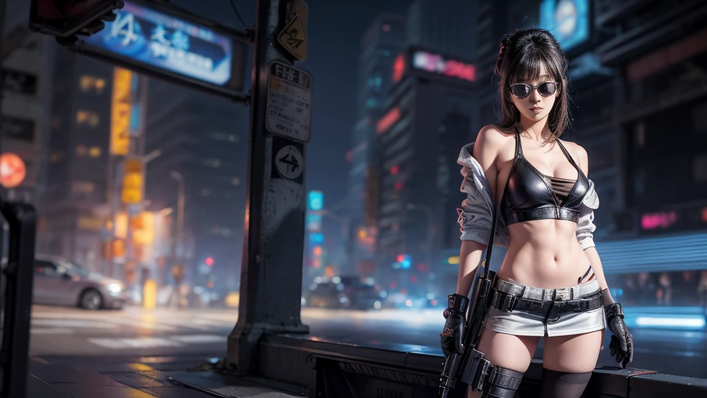 8k, Realistic Skin Texture, Realistic Photo, Neo Tokyo, slim Japanese women, large-breast:1.3 cleavage:1.2, AD2050 at night, Dirty hunting jacket, Wearing tube top, miniskirt, (((black sunglasses, automatic rifle, sneakers, cold, shooting pose, very low angle view))), Innovative composition, revenge, cyberpunk, blade runner worldview, Large neon sign, Geisha hologram sign, Strong Wakamoto Sign.