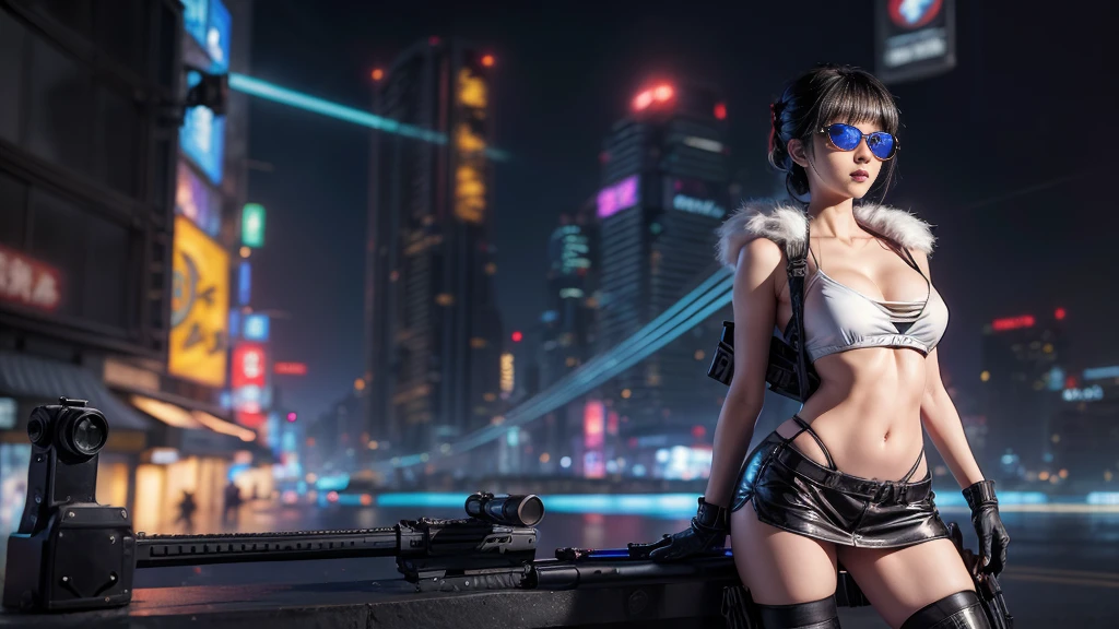 8k, Realistic Skin Texture, Realistic Photo, Neo Tokyo, slim Japanese women, large-breast:1.3 cleavage:1.2, AD2050 at night, Dirty hunting jacket, Wearing tube top, miniskirt, (((black sunglasses, automatic rifle, sneakers, cold, shooting pose, very low angle view))), Innovative composition, revenge, cyberpunk, blade runner worldview, Large neon sign, Geisha hologram sign, Strong Wakamoto Sign.