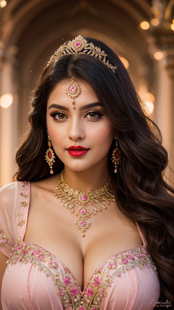 perfect pink eyes, fantastic face, Indian, beautiful look, ((red lips, bright eyes, curve heir 1.5)), ((beautiful details very big breast )), (Straight round and ultra huge clevage, not sagging breast), A glorious gorgeous, glorious gorgeous face, pretty face, bright eyes, detailed elegant printed red hijab, updo elegant hair, blurred gray tones background, ultra focus, face ilumined, face detailed, 8k resolution, painted, dry brush, brush strokes, razumov style and garmash style, by Tokaito, (fluorescent colours:1.4),(semi transparent:1.4),(retro filters:1.4),(fanciful:1.4),Candy World Disneyland Ethereal Soft Fluffy Soft Landscape Forest Snowflake Pale Pink Sky Green Blue Sparkling Ethereal Light Soft Whimsical Light Rainbow Stars Diamond Sparkle Gemstone Background Ultra Realistic Ultra High Quality Cinematic Lighting Huge Details Full HD Painting Plenty of light,diagonal bangs, Dress with collar,side masterpiece, best qualityer,realskin,(sportrait:1.5), 1girll, bluntbangs, long whitr hair,