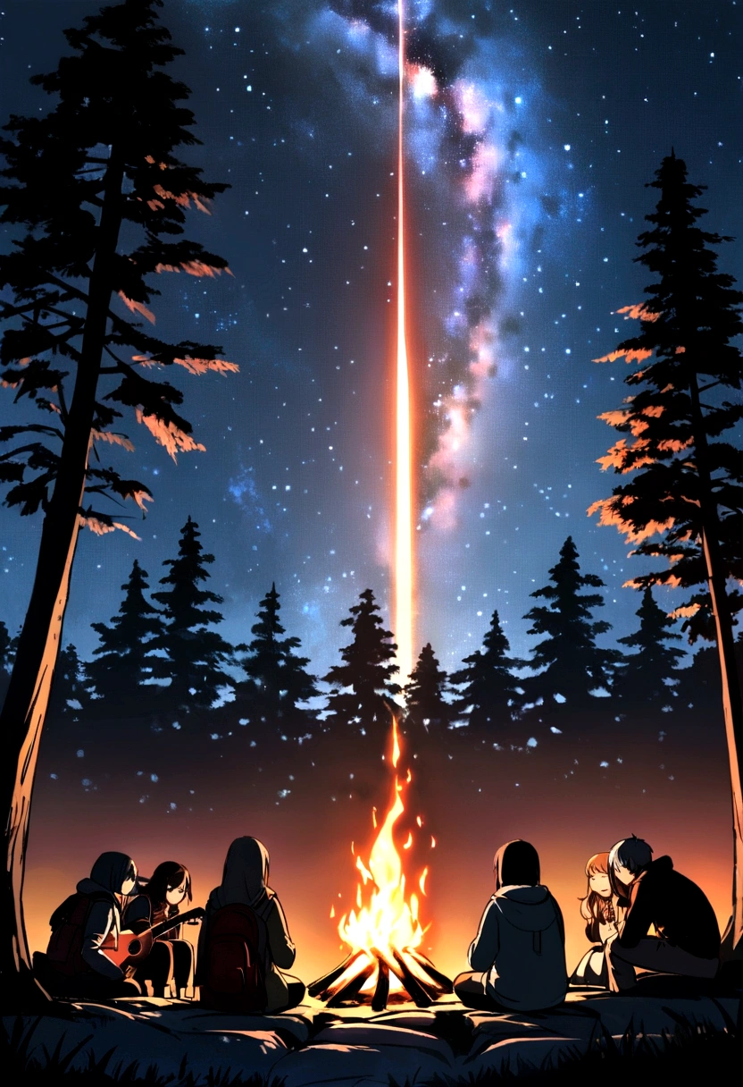 Nighttime camping scene featuring a group of friends beneath a starlit sky. The campsite is set within a clearing surrounded by tall trees. A campfire is burning at the center, casting flames and amber light. The night sky is clear and filled with bright stars, with the Milky Way visible as a band of light stretching across the firmament.
The friends are seated on makeshift logs, surrounded by sleeping bags, backpacks, and camping gear. One person is playing a guitar, producing melodic notes while the other friends are praying and worshiping God