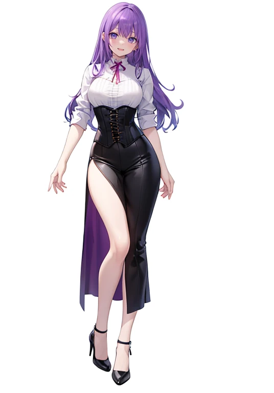 purple,long hair,woman,(corset),Shirt with rolled up sleeves,((Roll up your sleeves)),high heels,,simple background,smile,whole body,full body,full body,Standing picture,vtuber,upright,,Standing upright with face and body facing forward,