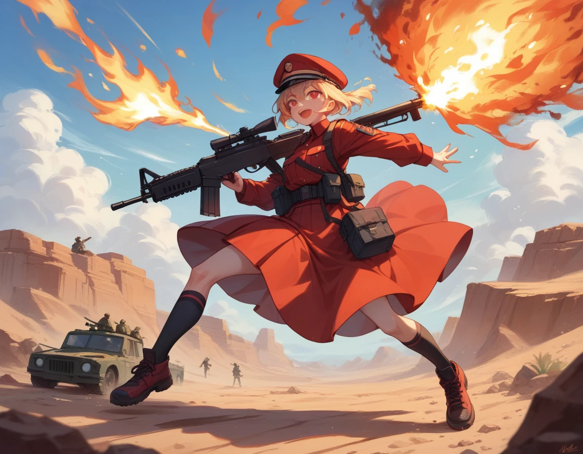 Small breasts、A platoon of girls in bright red military uniforms and long red skirts、Red military uniform and red long skirt、Panty shot、Cute snow-white underwear、garter belt、A pair of girl platoon leaders and soldiers equipped with two assault rifles、desert、Black powder explosion on the ground behind、Big Explosion、A big uproar、Destroy a Tank
