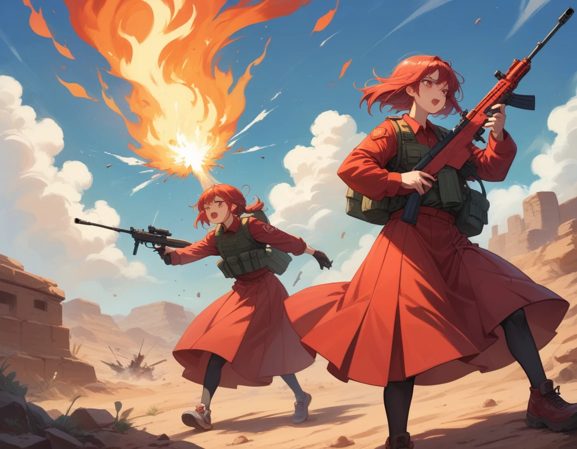 A platoon of girls in bright red military uniforms and long red skirts、A pair of a girl platoon leader and a soldier wearing a red military uniform and a red long skirt and equipped with two assault rifles、desert、A huge explosion and flames behind me