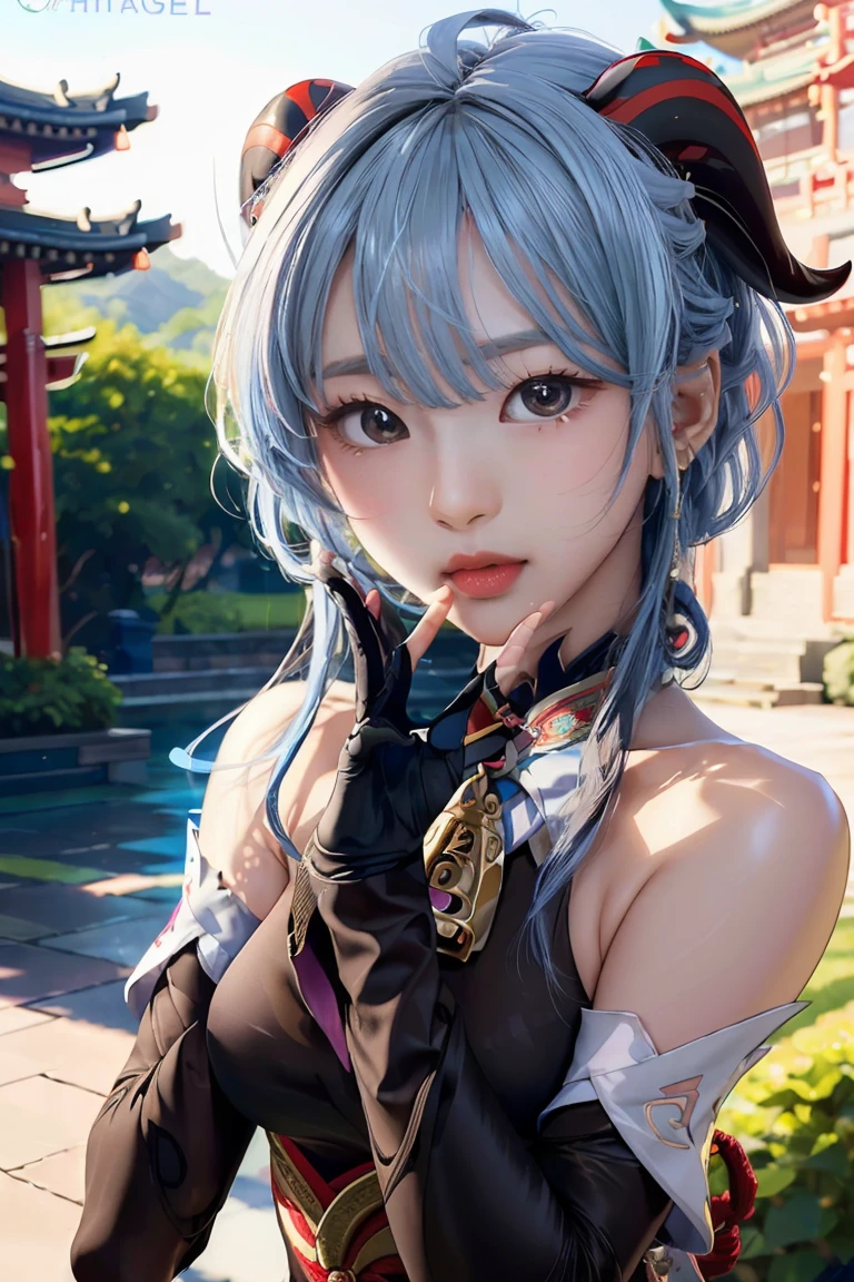 (photorealistic:1.4), (masterpiece, sidelighting, finely detailed beautiful eyes: 1.2), masterpiece*portrait, realistic, 3d face, 
ganyu \(genshin impact\), 1girl, ahoge, architecture, bangs, bare shoulders, bell, black gloves, black pantyhose, (blue hair), blush, breasts, chinese knot, detached sleeves, flower knot, gloves, horns, long hair, looking at viewer, medium breasts, neck bell
 