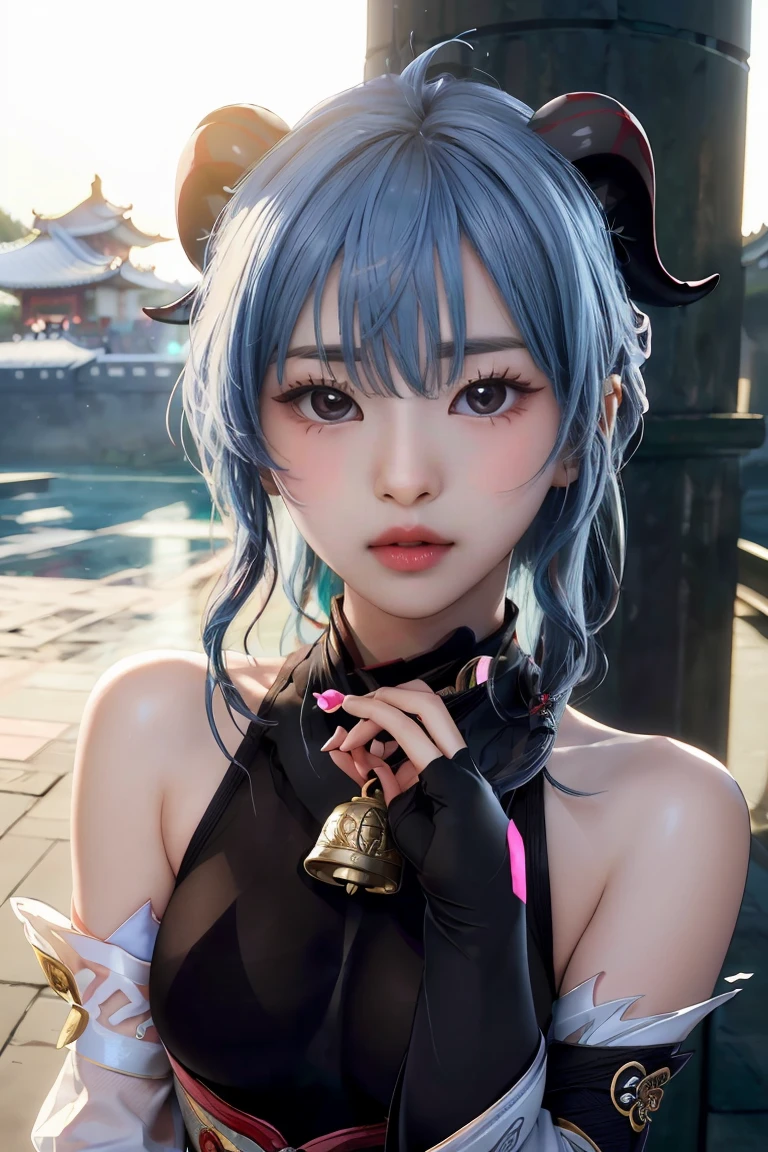 (photorealistic:1.4), (masterpiece, sidelighting, finely detailed beautiful eyes: 1.2), masterpiece*portrait, realistic, 3d face, 
ganyu \(genshin impact\), 1girl, ahoge, architecture, bangs, bare shoulders, bell, black gloves, black pantyhose, (blue hair), blush, breasts, chinese knot, detached sleeves, flower knot, gloves, horns, long hair, looking at viewer, medium breasts, neck bell
 