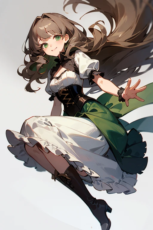 Highest quality masterpiece detailed girl Grey-brown hair color Manicured hair Wave Long Gray-green eyes dress corset Frills drape Dress boots Bangs Long Skirt Round eyes At a good pace Well balanced Looking straight at the camera Troubled Smile Feeling of relief