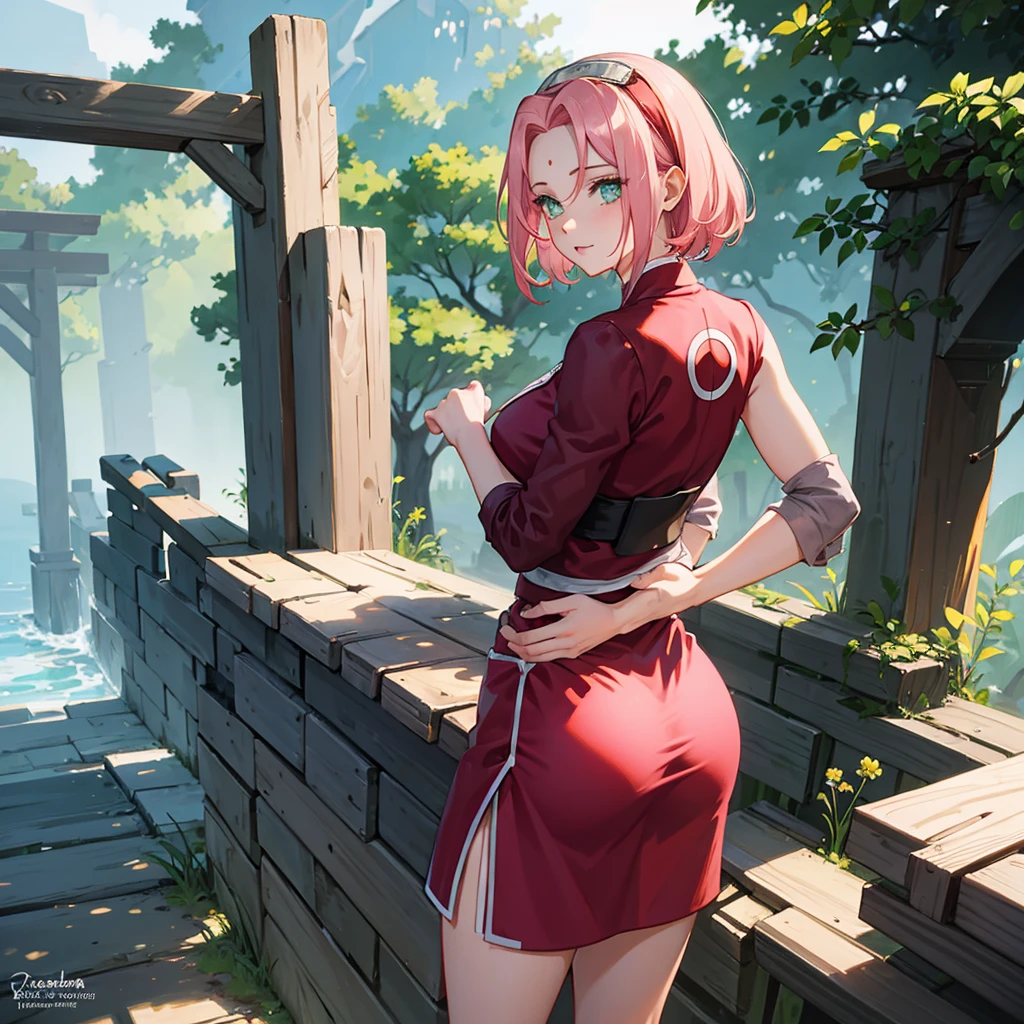 masterpiece, best quality, 1girl,haruno sakura, pink hair,  short hair, green eyes, bike shorts, black gloves, sleeveless, bandages, looking back, view from behind, full body, standing, blue sky, cloud, hidden village 