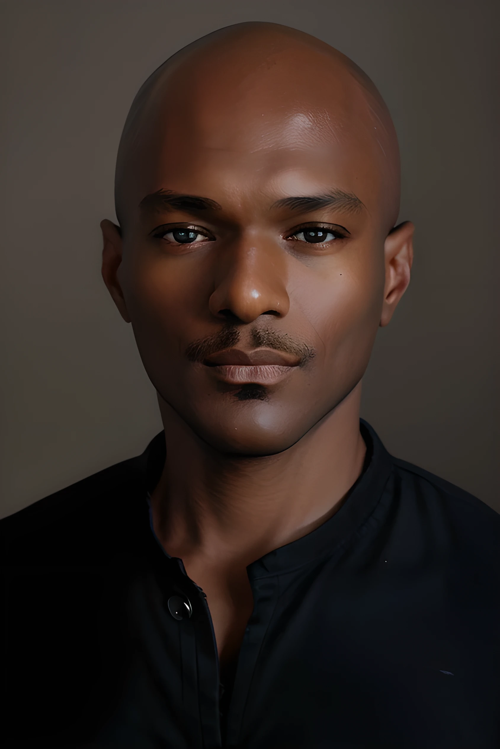 black man, bald, dark skin, brown eyes, professional studio quality modeling headshot, 4k, simple dark background, dramatic lighting, neutral expression, realistic skin, fine detail, shirt, ultra realistic photograph, professional photograph, Gucci photographer