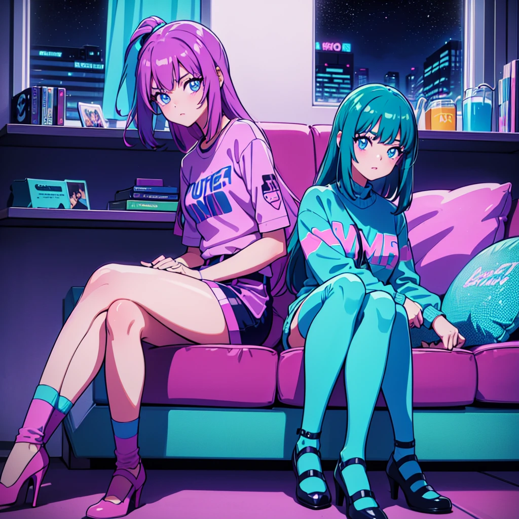 (masterpiece), Highest quality, Expressive eyes, Neon pastel aesthetics, Retro 90s, Neon color,((Girl sitting on sofa,In a cozy room,Records hanging on her wall, Comic books on the floor, Looking out the window behind her at the night city, Upholstered room, Anime figures lined up on a shelf)), Wearing headphones, (All around her it sparkles), (wearing thick colorful sneakers), (blue eyes), (Soft look), (Synthwave Art Style), Colorful Hair, Desk with PC set up