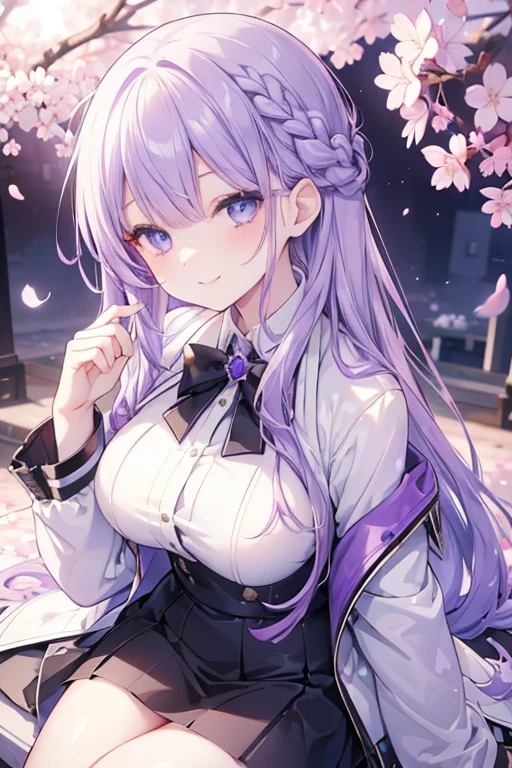 young girl, purple silver  hair, purple blue eyes,beautiful and detailed eyes, big breasts, long hair,european braid hairstyles, happy smile, black shirt,white blazer, black mini skirt, (cherry blossom garden )
