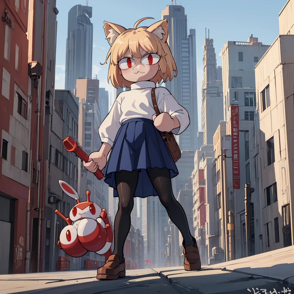 (masterpiece, best quality:1.2),  necoarc, slit pupils, cat ears, blonde hair, red eyes, chibi, 1boy, solo, white turtleneck, blue skirt, pleated skirt, brown footwear, pantyhose, outdoors, (solo portrait), (front view), highlight thighs,