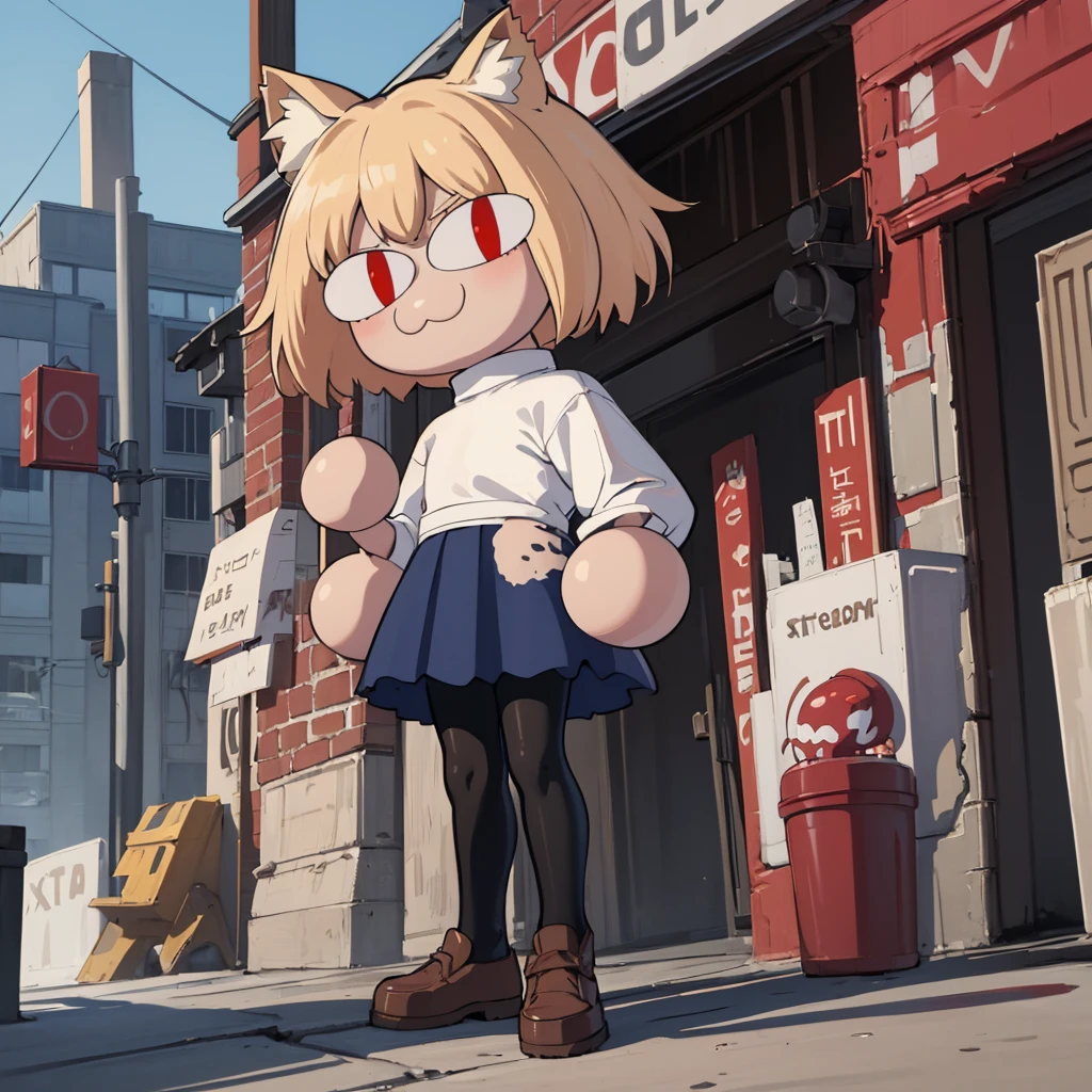 (masterpiece, best quality:1.2), necoarc, slit pupils, cat ears, blonde hair, red eyes, chibi, 1boy, solo, white turtleneck, blue skirt, pleated skirt, brown footwear, pantyhose, outdoors, (solo portrait), (front view), highlight thighs,