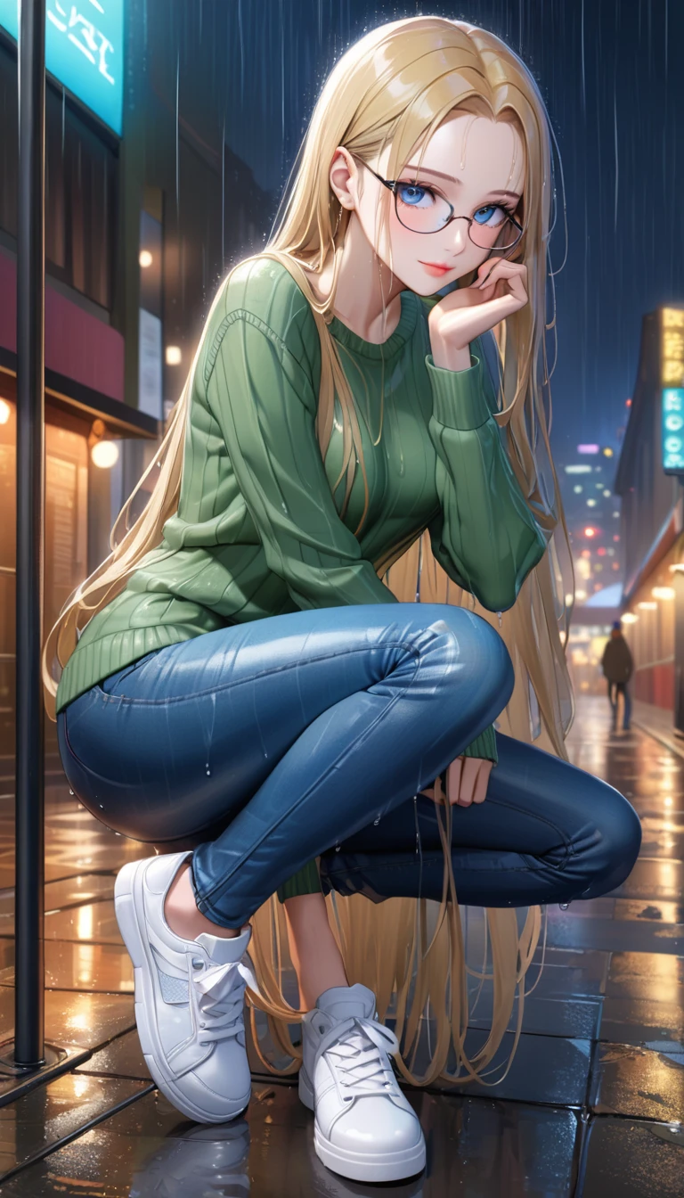 ((best quality, masterpiece:1.3, 8K)), (detailed), highly detailed face and skin texture, detailed eyes, (seductive pose:1.1), downtown, night time, rain, raining, in the rain, full body, (slender body:1.1), 1girl, 25 years old, white skin, blue eyes, reading glasses, bright lips, seductive smile, blonde hair, straight hair, long hair, wet hair, (forehead:1.0), green sweater, jeans pants, skinny jeans, blue jeans, white sneakers, wet clothes,