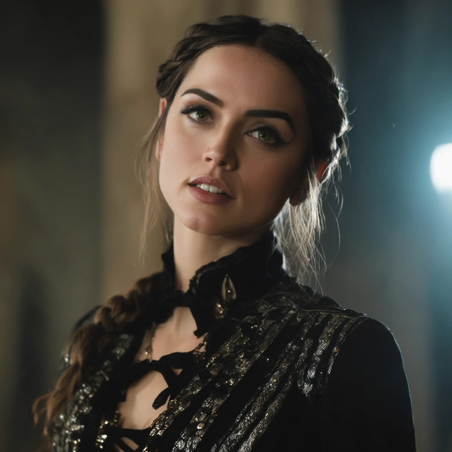 closeup of (ah, Woman) Wearing Gothic clothes, braided braids, in a castle, sharp focus, looking at the camera, make up, cinematic appearance, night time, mystical atmosphere, Mediovale, dark haired, Woman madura
