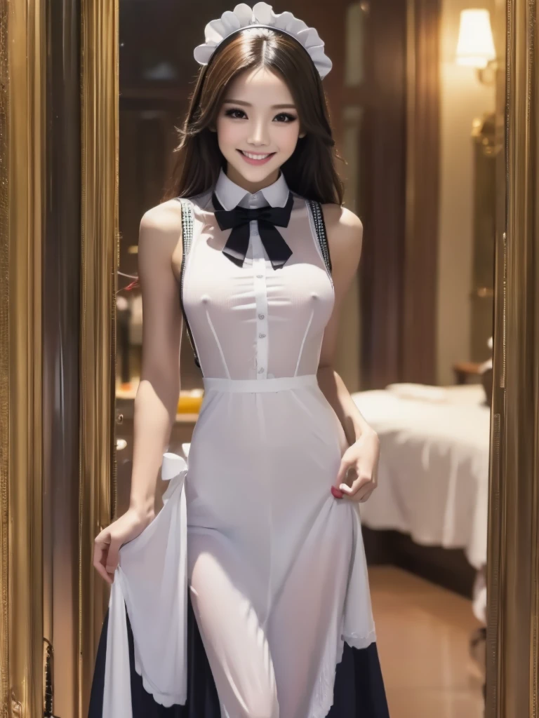 Highest quality、masterpiece、8K、Very detailed、Realistic、One person、Looking at me with a smile、whole body、Big Breasts、Erect nipples、Thin and beautiful legs、Tight and slim waist、Sleeveless, tight, see-through maid outfit、skirt