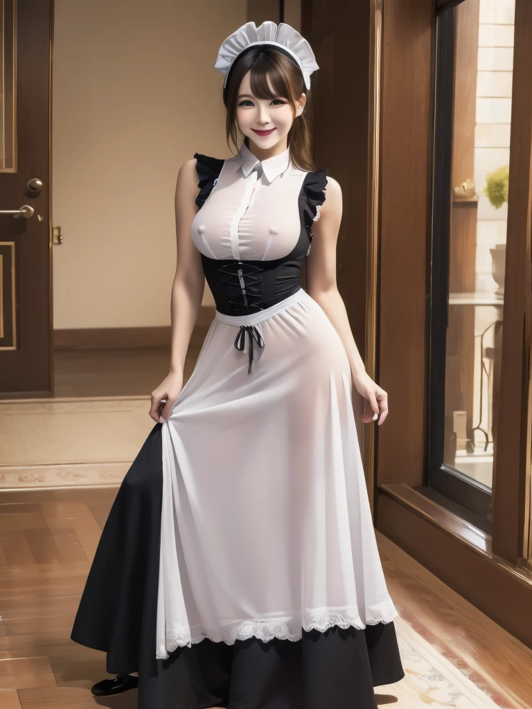 Highest quality、masterpiece、8K、Very detailed、Realistic、One person、Looking at me with a smile、whole body、Big Breasts、Erect nipples、Thin and beautiful legs、Tight and slim waist、Sleeveless, tight, see-through maid outfit、skirt