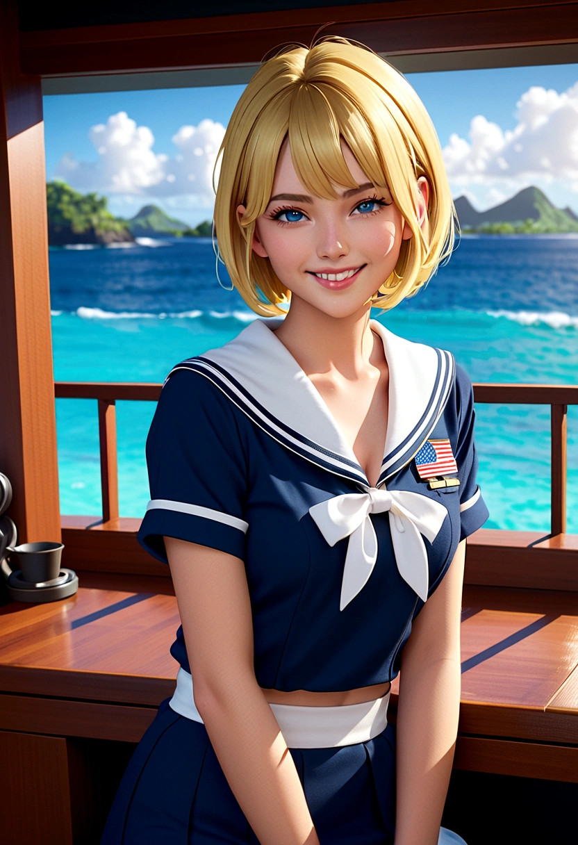 {{masterpiece, best quality, Extremely detailed CG, Unity 8K wallpaper, light, }}, Sony α7, Wide frame, South Pacific, 1 girl, whole body, Smile, She is a U.S. Navy sailor., bule, 20 years old, Smile, Blonde hair, Short Bob, blue eyes , Long eyelashes ,
