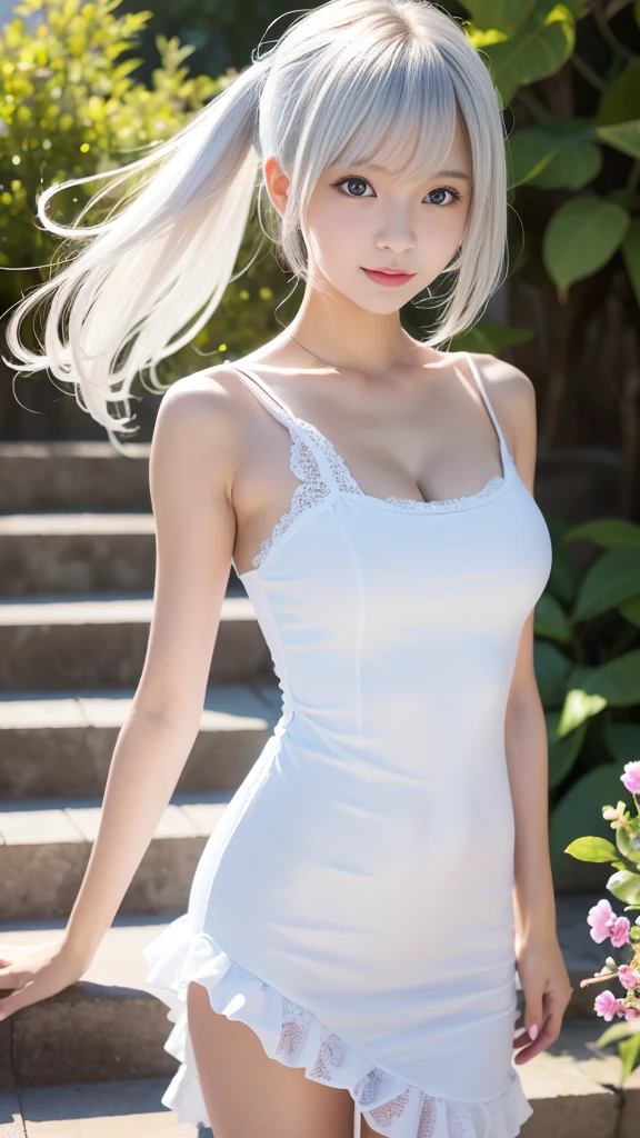 Some women have long white hair, A simple, thin one-piece dress worn by a beautiful girl, With slit, (Her skin is visible through her dress), Real life anime girls, , Baby Face, Sslender figure, Perfect white hair girl, Anime Girl Cosplay, Photorealistic Animation, Realistic anime 3D style, Realistic young anime girl, Ultra realistic anime, Twin tails, White Hair Girl, Photorealistic Animation girl render, Beautiful anime school girl, (Blooming Flowers々A fantastic and beautiful staircase background created by), (Detailed eyes and face:1.2, Professional photography techniques), Beautiful breasts, Cleavage, Slender body line, Small beautiful butt, Tight waist, ((smug face)), ((Hair fluttering:1.2, The dress is fluffy:1.3))