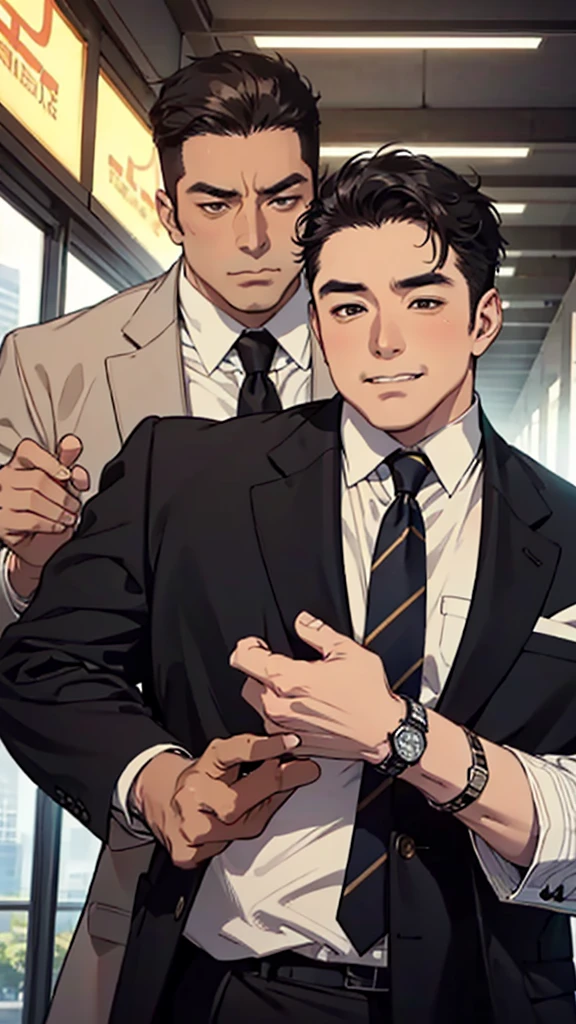 Asian face, male, 50 years old man, fat man, big belly, black suit, yellow and brown striped tie, white shirt, expensive watch, short hair, rough skin, light grinning