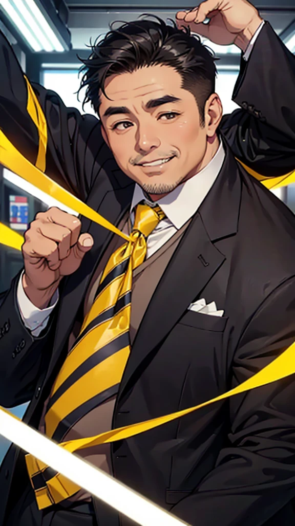 Asian face, male, 50 years old man, fat man, big belly, black suit, yellow and brown striped tie, white shirt, expensive watch, short hair, rough skin, light grinning