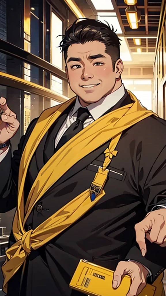 Asian face, male, 50 years old man, fat man, big belly, black suit, yellow and brown striped tie, white shirt, expensive watch, short hair, rough skin, light grinning