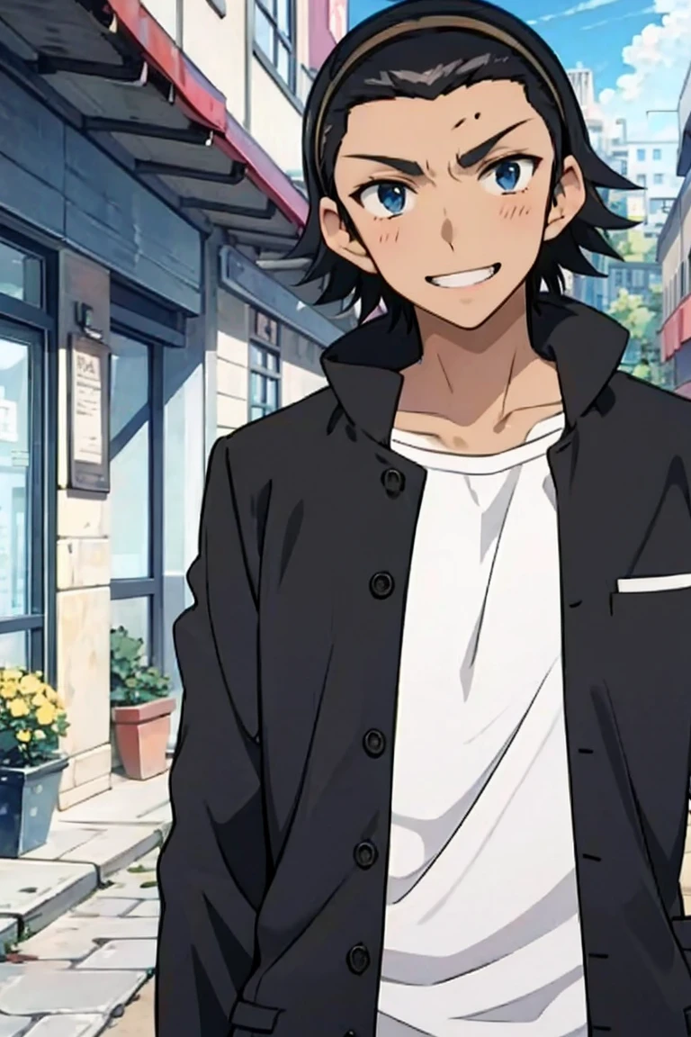  1boy, solo, harimakenji, hairband, looking_at_viewer, serious, gakuran, white_shirt,smile,happy