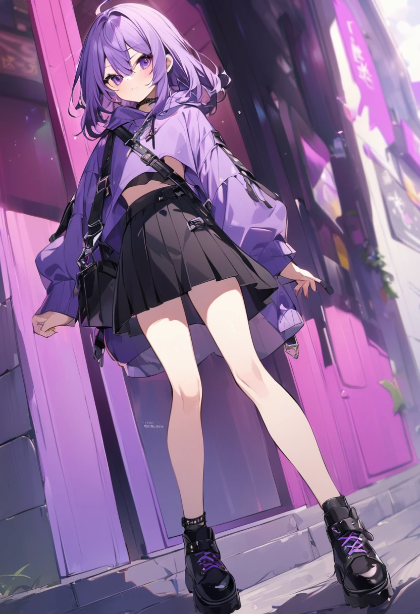 Keito。Purple hoodie。Black Skirt。Purple Eyes。Purple Hair。Black shoes下。Black shoes。