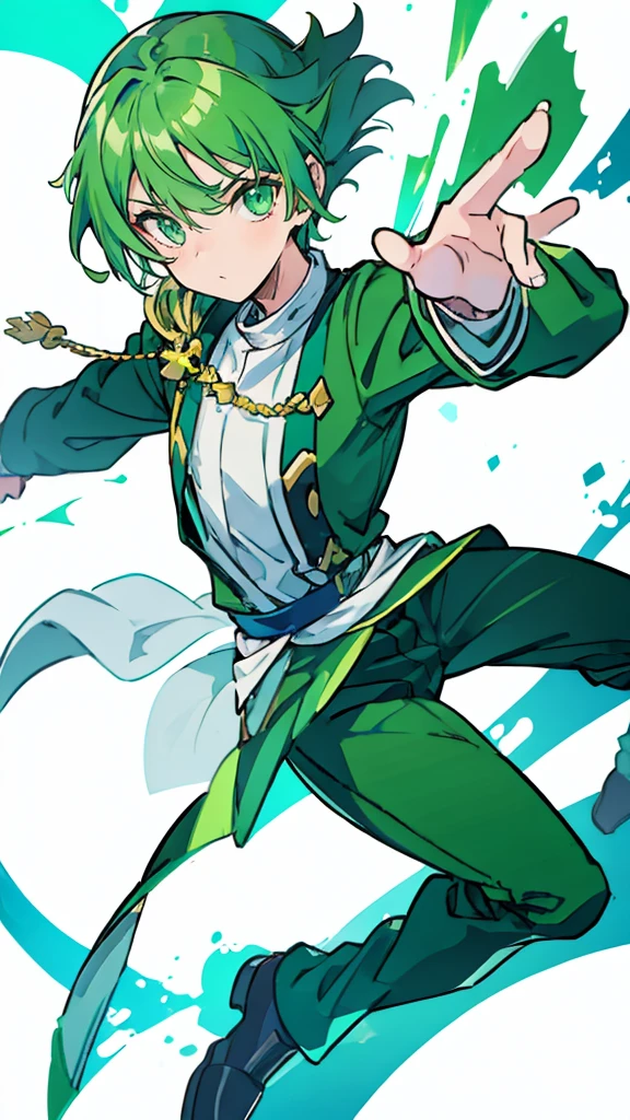 A man, green hair, green eyes, Rin Itoshi, from blue lock, full body, anime, handsome, white background, Indonesian high school clothes