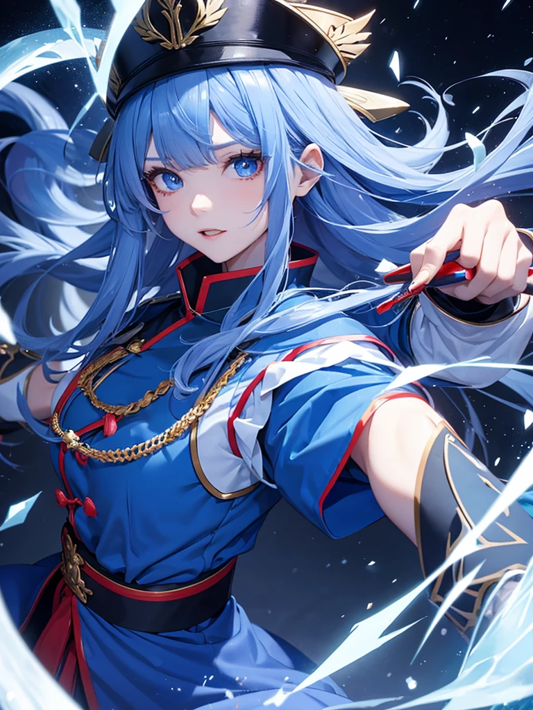 Jiangshi girl wearing blue uniform attacking with ice magic with long hair