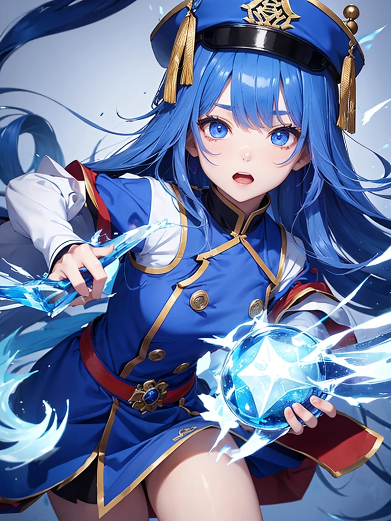 Jiangshi girl wearing blue uniform attacking with ice magic with long hair