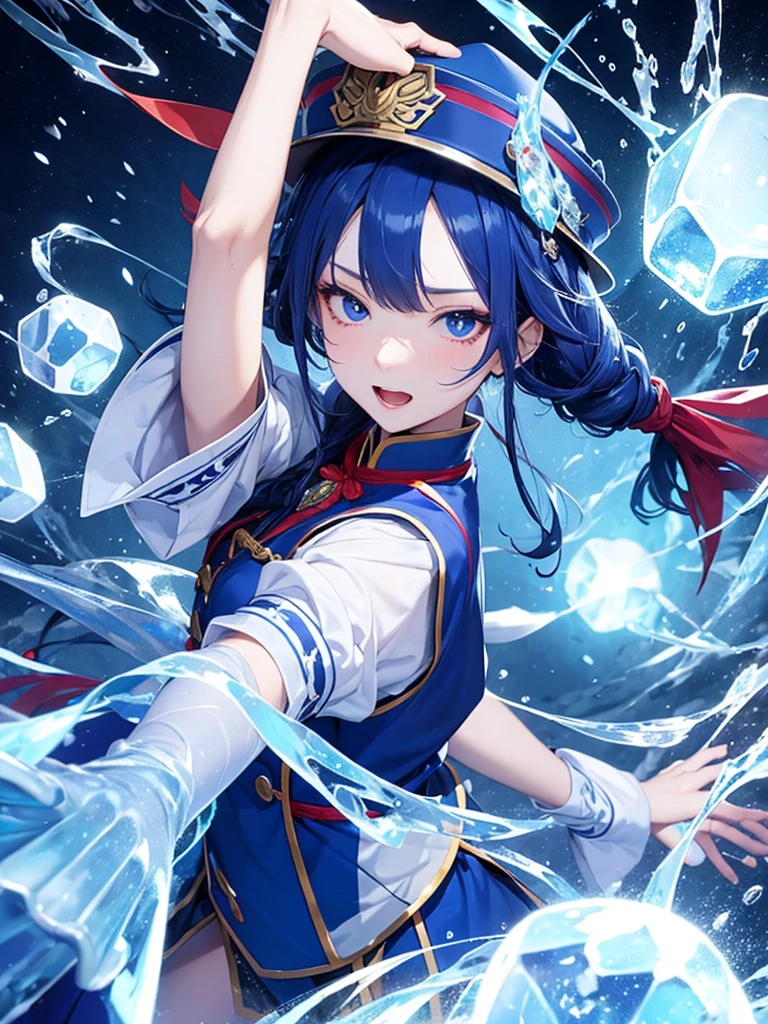 Jiangshi girl wearing blue uniform attacking with ice magic with long hair