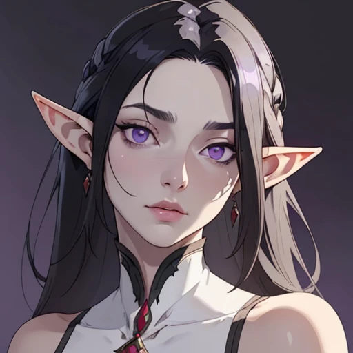 (masterpiece), (best quality),(portrait),(bust up),1girl,solo,(sharp focus),(look at viewer),elf, (white skin),black hair,(elf wizard),purple eyes,hair over one eye,(ancient:1),ancient luxurious long clothes,old school fantasy art,((simple background)),super shiny face