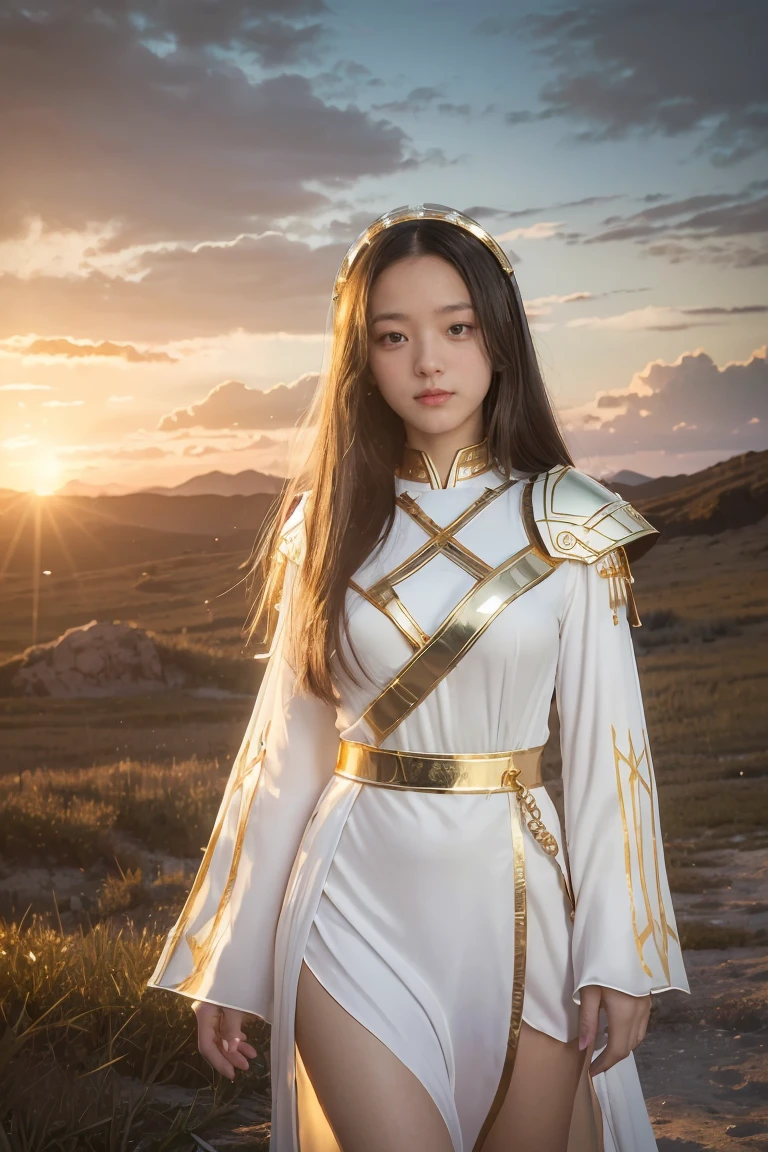 ((Masterpiece, best quality, very detailed), Volumetric light, surrounding occlusion, colorful, glow), 1 woman, alone, young girl, (dark hair), long hair, Ranger suit, Hunter Class DND, (White dress with gold decorations:1.3), armor, outdoor, sunset, sky, cloud, space, (Fantasy Theme:1.2),