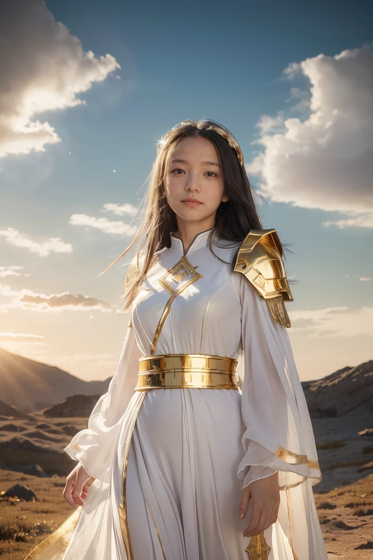 ((masterpiece, best quality, extremely detailed), volumetric lighting, ambient occlusion, colorful, glowing), 1girl, solo, young girl, (dark hair), long hair, halo, aura, sacred, goddess, cleric suit, (white outfit with gold detailst:1.3), armor, outdoors, sunset, sky, clouds, space, (fantasy theme:1.2),
