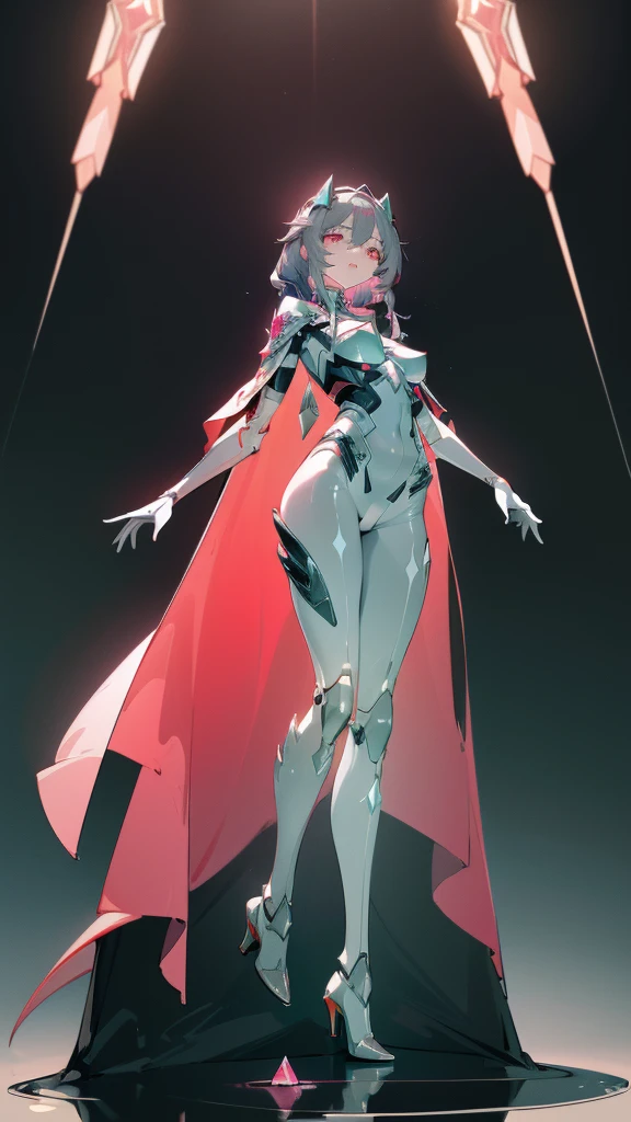 art, 8k, masterpiece, concept_art, (Fu_Hua), (Herrscher_of_Sentience), grey_hair, red_eyes, (plug_suit), white_bodysuit, glowing_bodysuit, pink_accents, green_crystal_on_chest, high_heels, (mystical_armor), glowing_cape