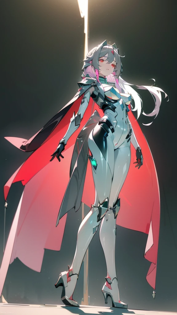 art, 8k, masterpiece, (front), (Fu_Hua), (Herrscher_of_Sentience), grey_hair, red_eyes, large_breasts, (plug_suit), white_bodysuit, glowing_bodysuit, pink_accents, green_crystal_on_chest, high_heels, (mystical_armor), glowing_cape