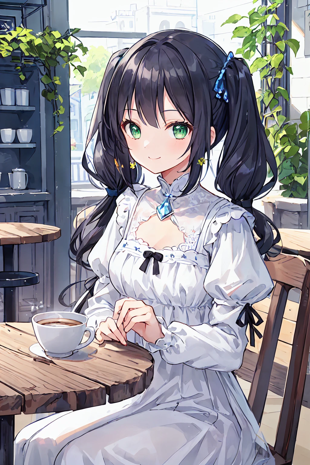 One Girl,Jewel Eyes,Beautiful arrangements and motifs、Few、Game character design、Written boundary depth , wonderful, beauty、Transparency、Game character design、(One Girl:1.0)、Black Hair、Twin tails、Straight hair、cute、Upper Body、Green Eyes、Inside the cafe、Cafe Background、Sit on a chair,(White dress:1.5)、front、smile、cool
