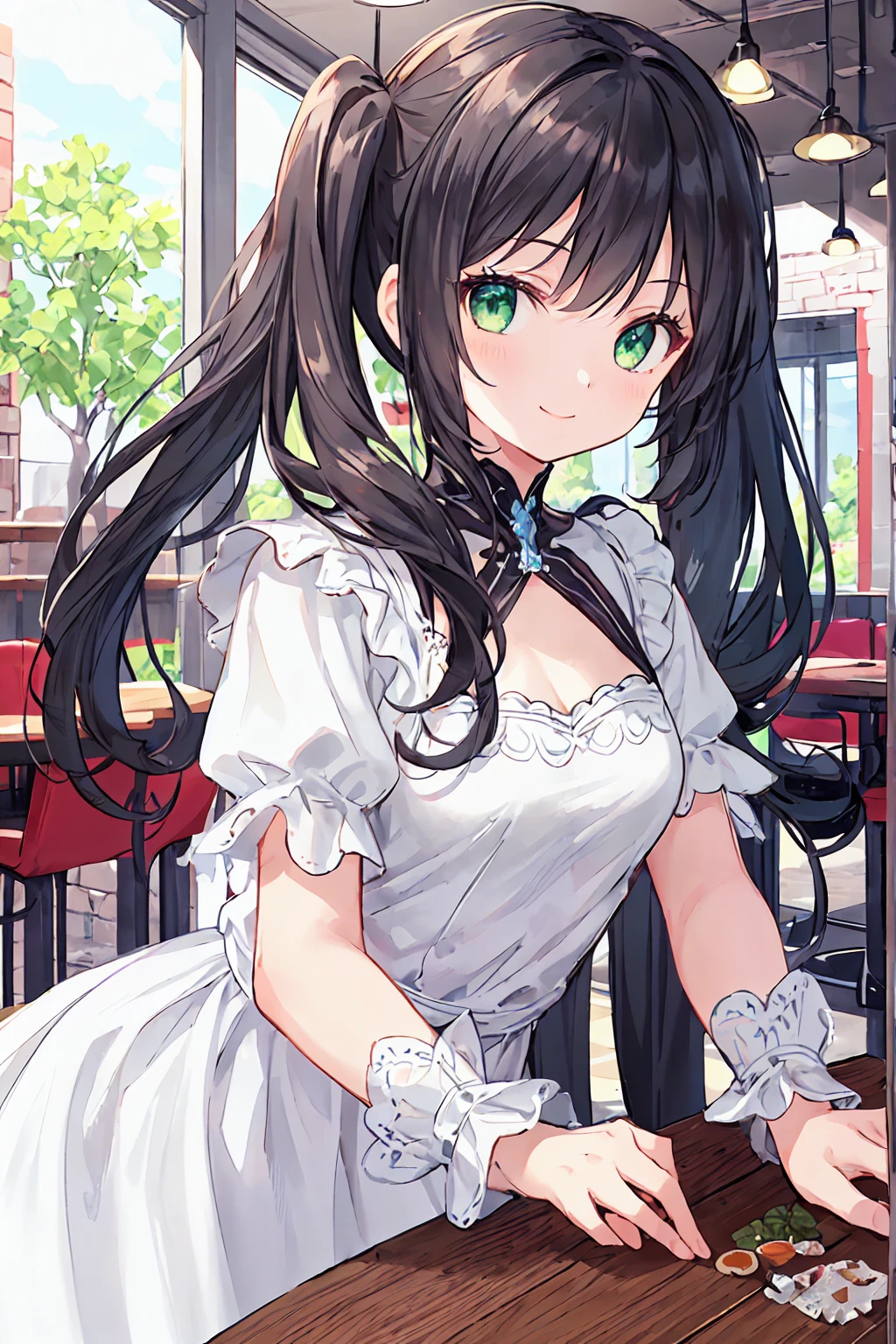 One Girl,Jewel Eyes,Beautiful arrangements and motifs、Few、Game character design、Written boundary depth , wonderful, beauty、Transparency、Game character design、(One Girl:1.0)、Black Hair、Twin tails、Straight hair、cute、Upper Body、Green Eyes、Inside the cafe、Cafe Background、Sit on a chair，(White dress:1.5)、front、smile、cool