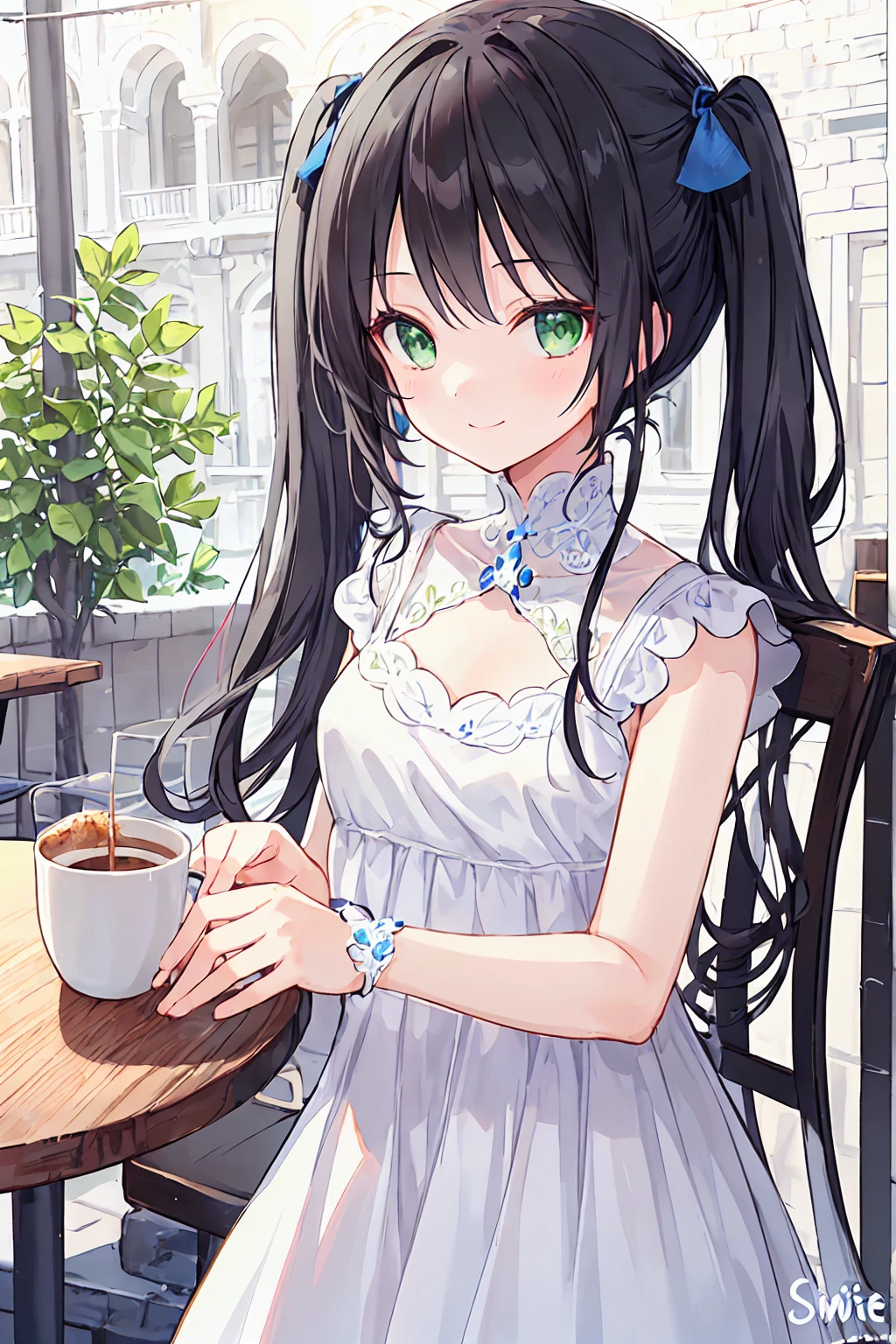 One Girl,Jewel Eyes,Beautiful arrangements and motifs、Few、Game character design、Written boundary depth , wonderful, beauty、Transparency、Game character design、(One Girl:1.0)、Black Hair、Twin tails、Straight hair、cute、Upper Body、Green Eyes、Inside the cafe、Cafe Background、Sit on a chair,(White dress:1.5)、front、smile、cool