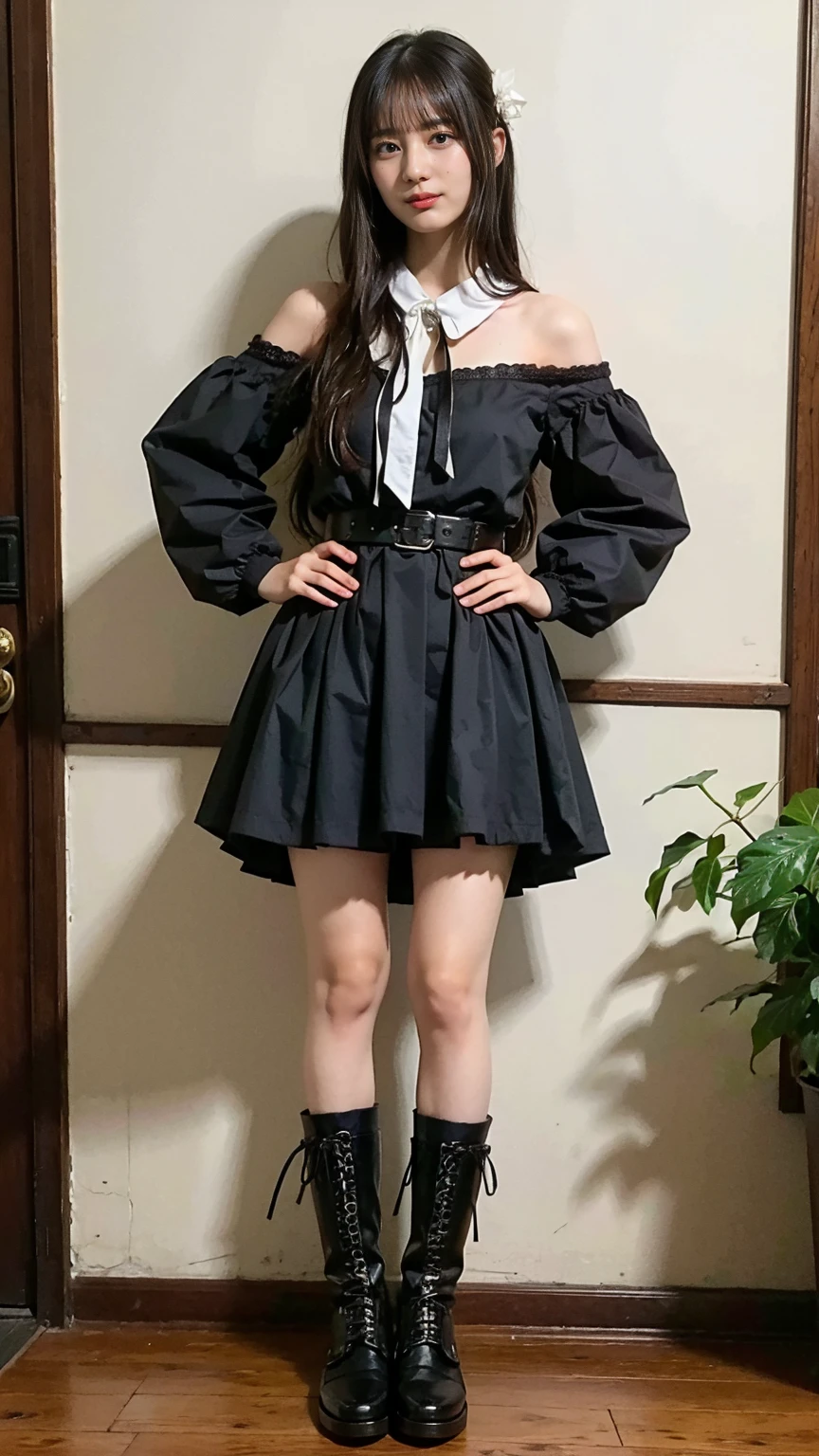 (8K、RAW Photos、Highest quality、masterpiece:1.2)、(Realistic、Realistic)、1 Girl、((mini skirt、Black and white、Thin legs、whole body、boots、Clothes with ribbons、Anime Costumes、Chest ribbon、Off the shoulder、See-through、Frills、garden、smile、View from the front、Ribbon on chest、Looking into the camera、belt、Stand with hands on hips))、