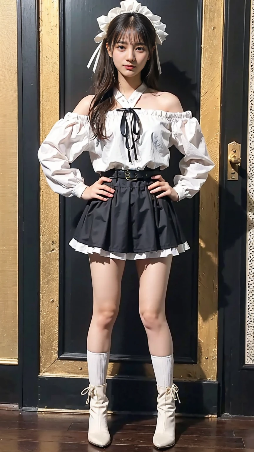 (8K、RAW Photos、Highest quality、masterpiece:1.2)、(Realistic、Realistic)、1 Girl、((mini skirt、Black and white、Thin legs、whole body、boots、Clothes with ribbons、Anime Costumes、Chest ribbon、Off the shoulder、See-through、Frills、garden、smile、View from the front、Ribbon on chest、Looking into the camera、belt、Stand with hands on hips))、