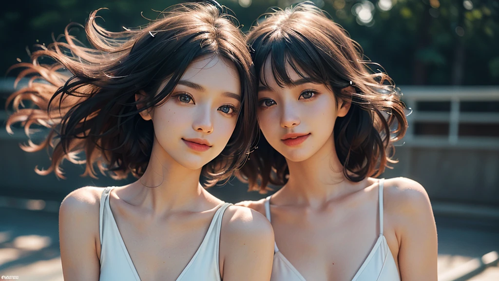 (Highest quality,High resolution,masterpiece:1.2),Super detailed,(Realistic,photoRealistic,photo-Realistic:1.37),Sharp focus,Vibrant colors,Beautiful attention to detail,Beautiful lip detail,Long eyelashes,Hair blowing in the wind,Rosy Cheeks,soft smooth skin,Natural eyebrows,Glowing eyes with exquisite detail,Slight redness in the face,A warm and inviting smile,Volume, length and fine lashes,Sparkling eyes,Sunny studio lighting,A faint atmospheric haze,Delicate shadows on the face,Perfect skin texture,Expressive facial features,Lively expressions,Captivating Gaze,Pure joy and happiness radiating from their eyes and faces, Backlight, Small Japanese Junior Idol, Slingshot swimwear, ((Dynamic Angle, Physically Based Rendering)),
