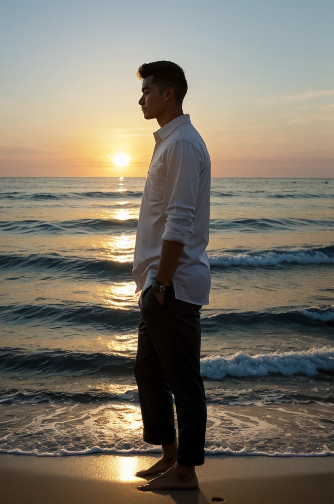 A 25 year old boy.  Who has a watch.  Who is standing on the shore of the sea dreaming of himself.  Then the afternoon sun is slowly sinking.