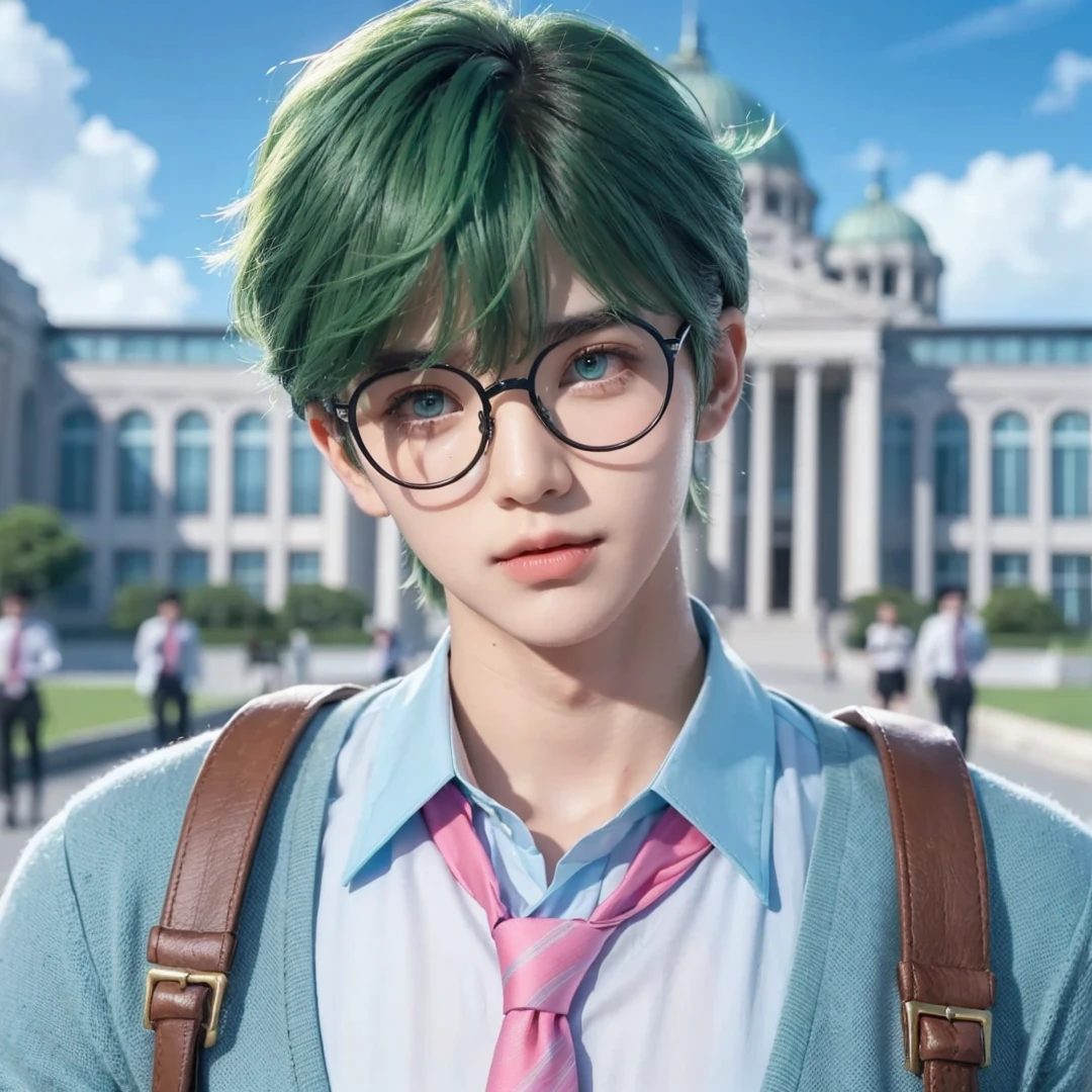 Handsome boy, green hair, green eyes, wearing light blue with pink necktie, wearing black round eyeglass
