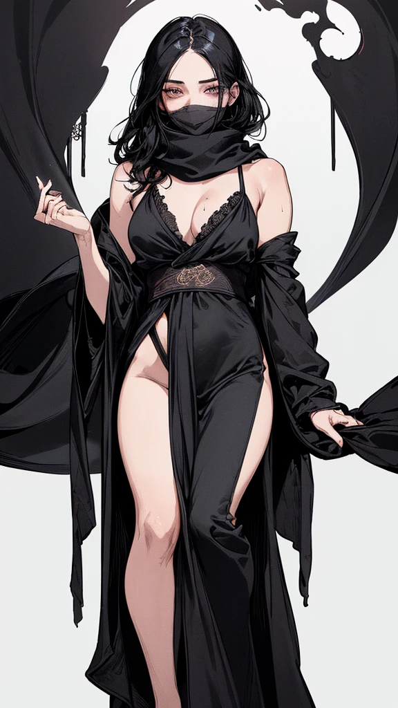 Highest quality, (Background details), High Contrast, Very beautiful woman, Detailed original illustrations, functional, Delicate face, Black Hair、Ninja, Ninja costume, scarf, Cover your face with a hand towel, charm, Naughty kid, sexy, Real breasts, Crazy Smile, Crazy Eyes, Black Robe, Black background, (Black background: 1. 5), Beautiful line art, Monochrome