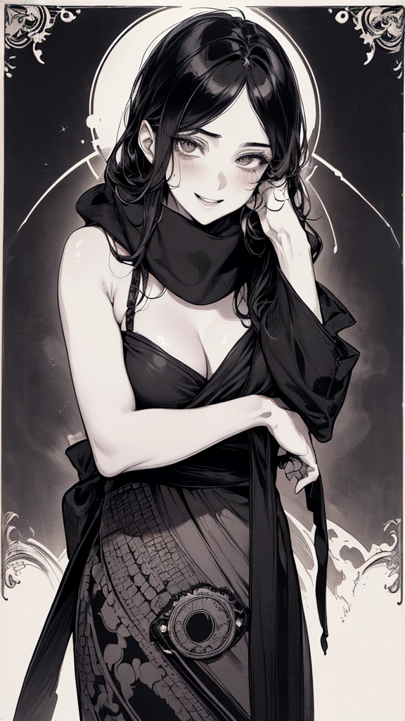 Best Quality, (background detail), high contrast, very beautiful woman, detailed original illustration, functional, ninja, ninja costume, black hair, delicate face, charm, bad girl, sexy, real breasts, crazy smile, crazy eyes, black background, (black background: 1. 5), beautiful line drawing, monochrome