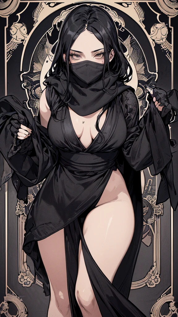 Highest quality, (Background details), High Contrast, Very beautiful woman, Detailed original illustrations, functional, Delicate face, Black Hair、Ninja, Ninja costume, scarf, Cover your face with a hand towel, charm, Naughty kid, sexy, Real breasts, Crazy Smile, Crazy Eyes, Black Robe, Black background, (Black background: 1. 5), Beautiful line art, Monochrome