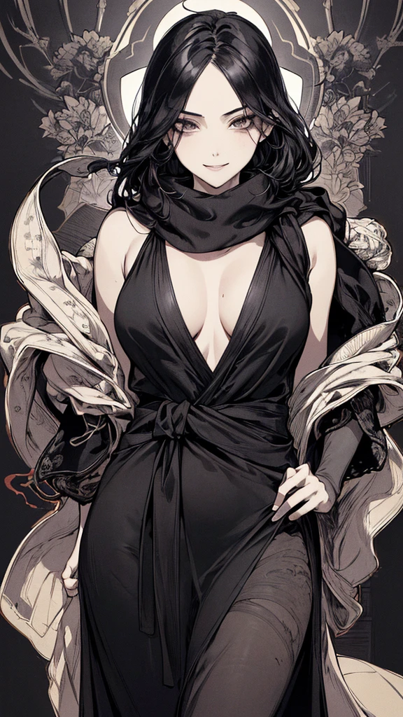 Highest quality, (Background details), High Contrast, Very beautiful woman, Detailed original illustrations, functional, Delicate face, Black Hair、Ninja, Ninja costume, scarf, Cover your face with a hand towel, charm, Naughty kid, sexy, Real breasts, Crazy Smile, Crazy Eyes, Black Robe, Black background, (Black background: 1. 5), Beautiful line art, Monochrome